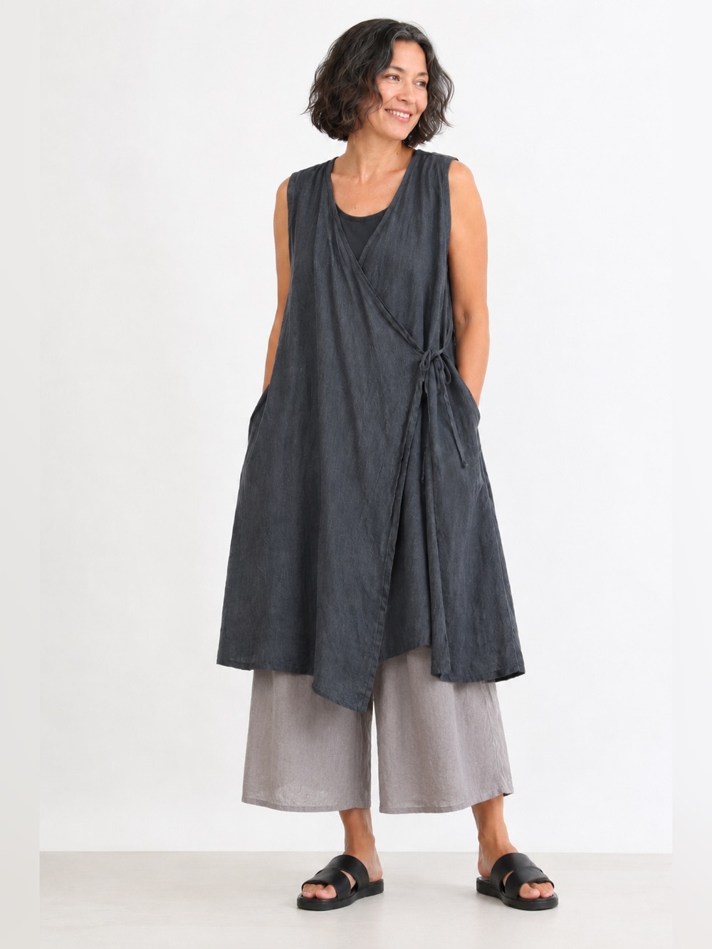 Flax Lagenlook Linen Sleeveless V-Neck wrap layering dress dark gray size large